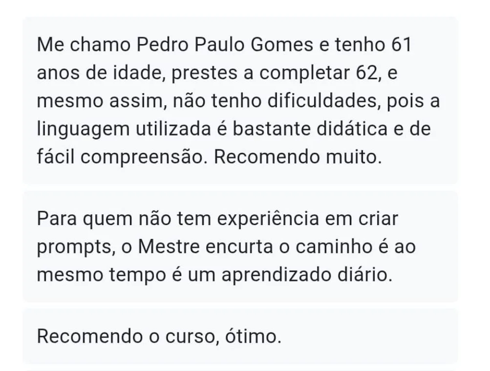 Depoimento de aluno do Mestre dos Prompts 2