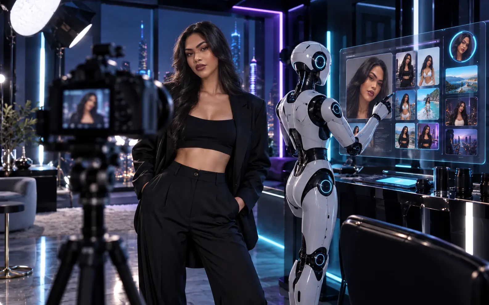 Influenciadora virtual sendo produzida em um estúdio de conteúdo com inteligência artificial