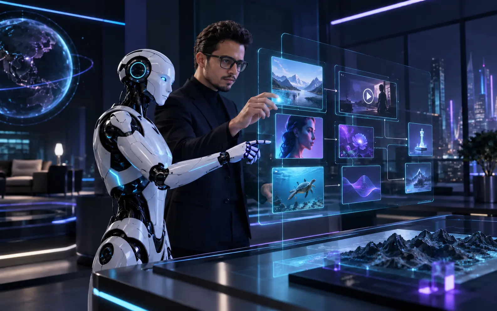Profissional e robô organizando criações produzidas com inteligência artificial